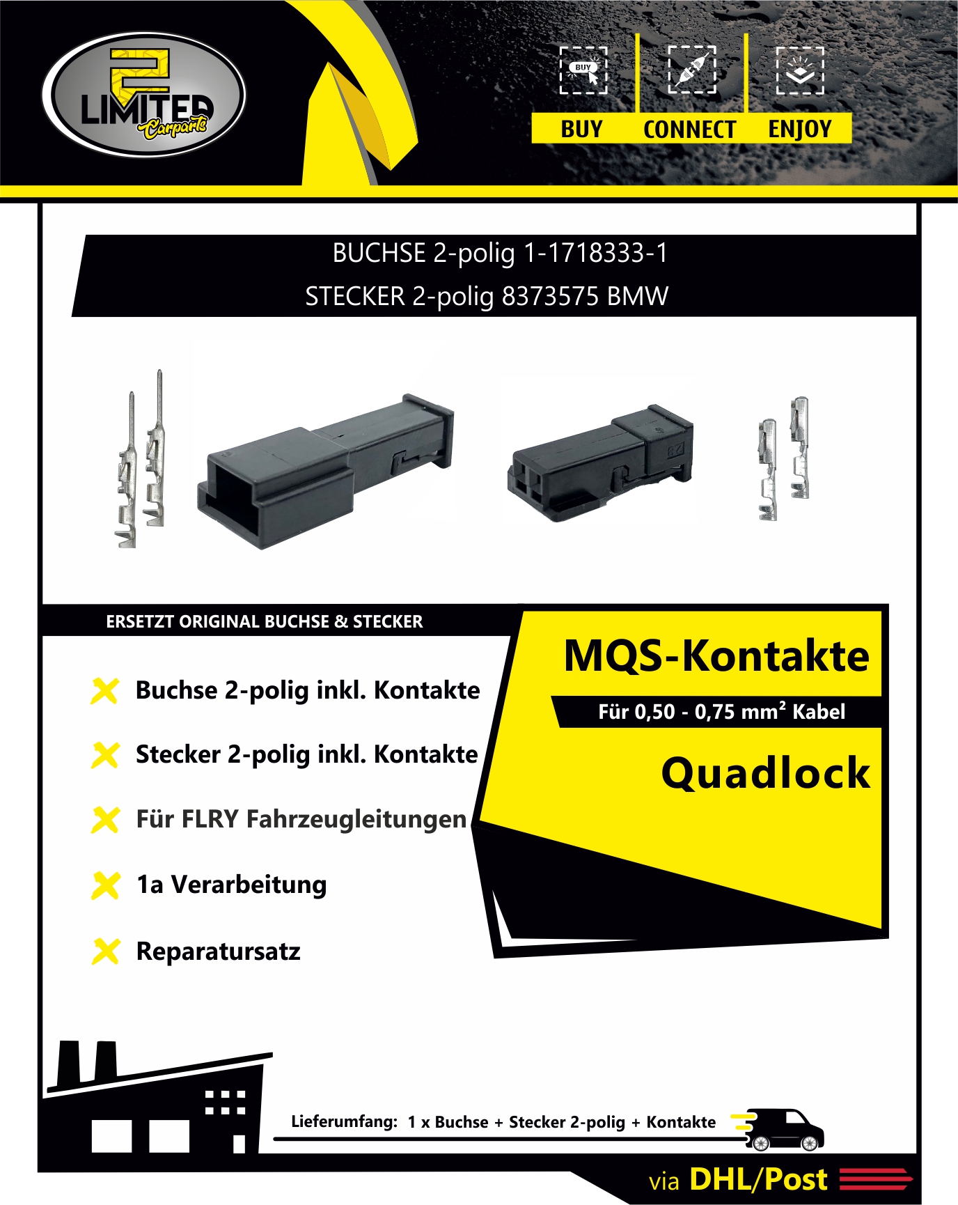 Buchse + Stecker 2-polig Reparatursatz 61132360043 61138373583 Für BMW