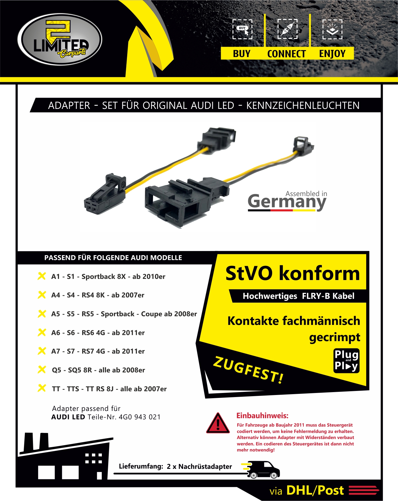 thumbnail image 2 of 2Limited Carparts LED License Plate Light Adapter For Audi - Plug & Play (Replaces 4G0943021) 2 of 5